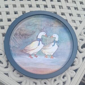 (1) 13" Tray Country Goose Metal Serving or Decor Winter Geese Blue Ribbon